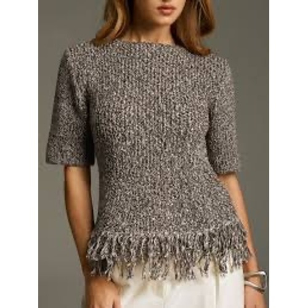 Commense Fringe Hem Knit Top M Brown Marled Boho Cottagecore Short Sleeve